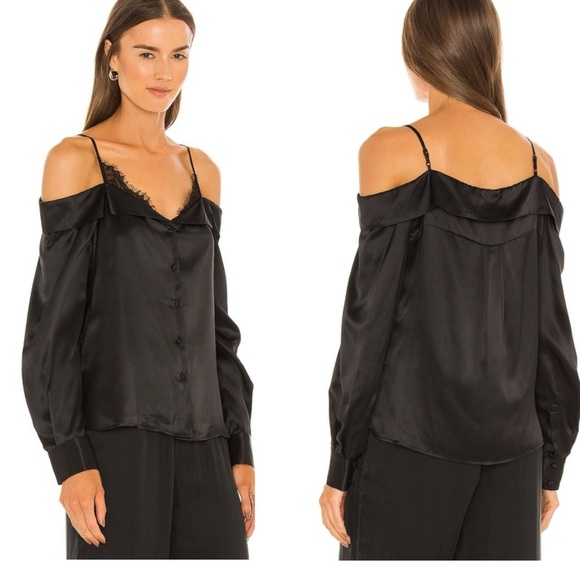 JONATHAN SIMKHAI Caylee Silk Lace Plisse Off Shoulder  Button Down Blouse Top - Picture 8 of 16